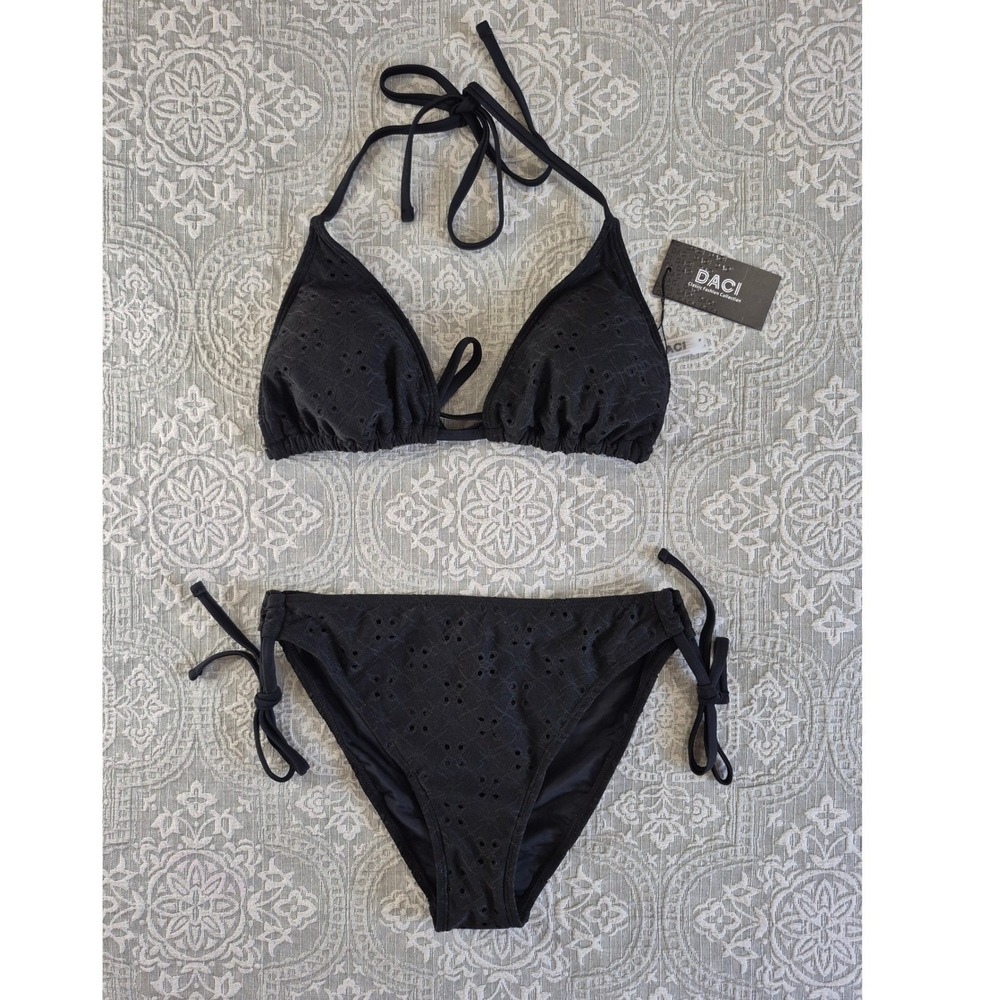 Daci Black Eyelet 3 Piece Bikini Set‎ Triangle Top Side Tie Bottom Sarong M